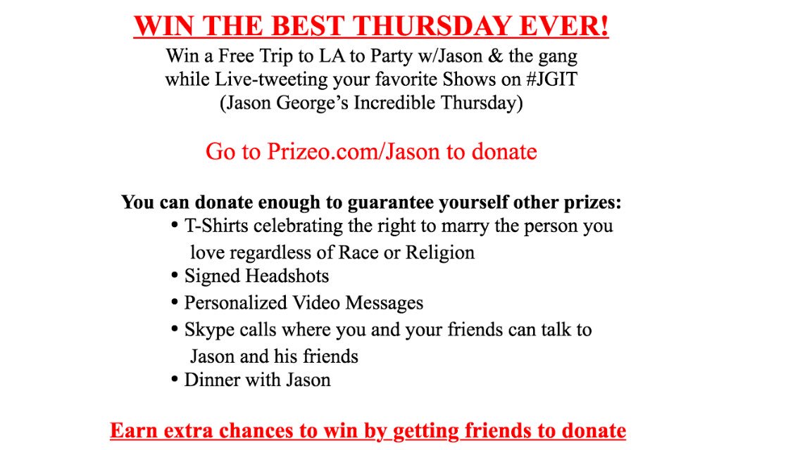 JasonWGeorge's tweet photo. WIN A TRIP 2 LA to party w/me &amp; the gang

Donate @ https://t.co/89vFpCOBaS
Donate more 2 get more chances

RETWEET! https://t.co/XpWeAe7YdN