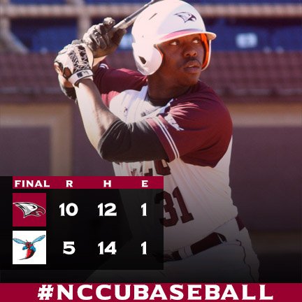 NCCUAthletics's tweet image. #NCCUBaseball so. Bryant Battle was 3-for-5 as #NCCU rallied for 10-5 win over DSU at MEAC tourney. Photo: @Dzus4