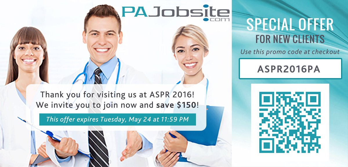 PAJobSite's tweet photo. Thanks for visiting us at #ASPR2016 in New Orleans! Be sure to use this promo code by Tuesday night for $150 off! https://t.co/FbMe4RhUm3
