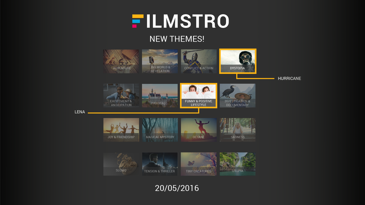 Filmstro's tweet photo. #FilmstroUpdate Got some more themes for you! Enjoy the chilled #Lena and the badass #Hurricane. More coming Monday! https://t.co/kujiEsLuRP