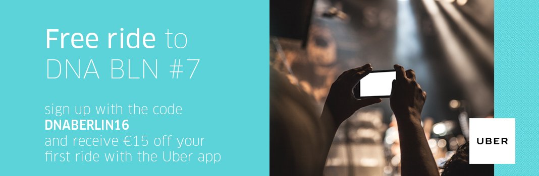 Uber_Ger's tweet photo. Get €15 off your ride to DNA BLN #7 with Uber! Enjoy 8 new bands tonight at @MusikundFrieden https://t.co/XTKbzmOBJD https://t.co/DqvDxHMC6C