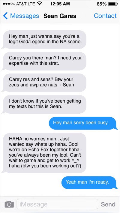 careyfrozt's tweet image. Just a typical message between @seangares and I when we first joined @echofoxgg