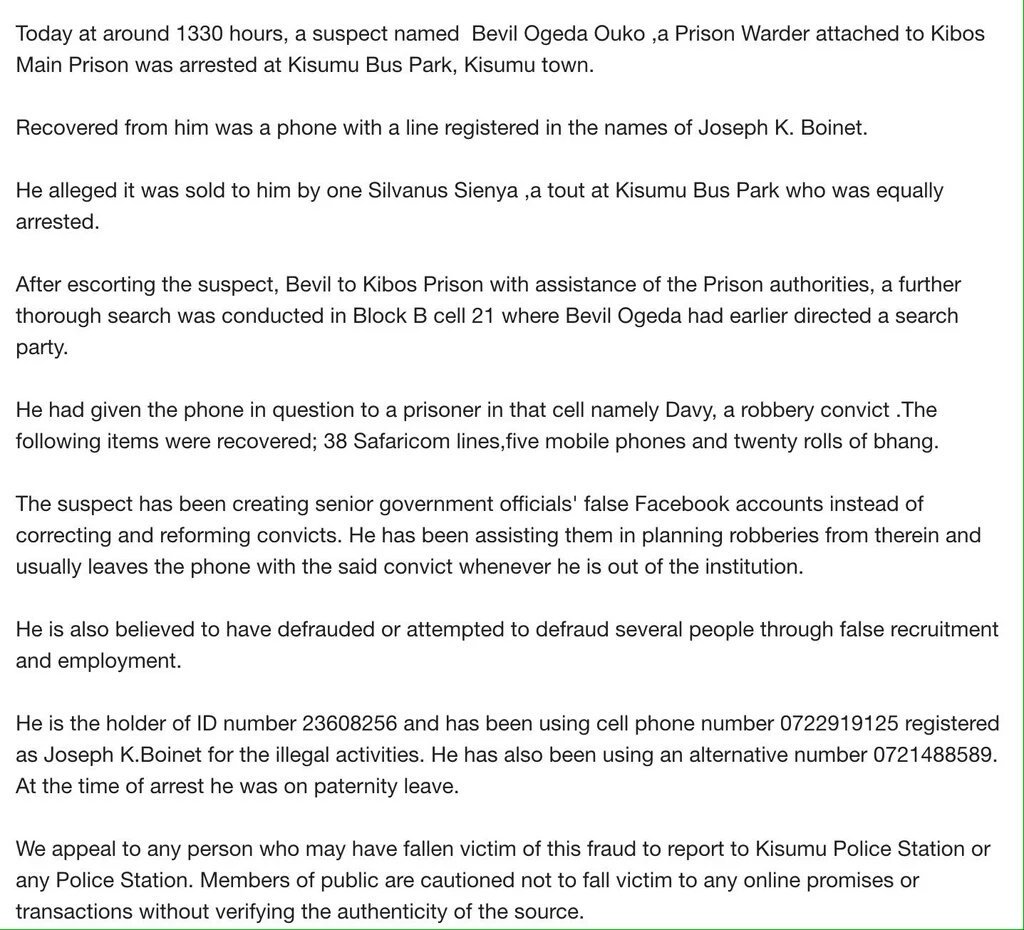 FraudalertKE's tweet photo. Via @NPSOfficial_KE
ALERT OF A FRAUDSTER IMPERSONATING AS THE INSPECTOR GENERAL NATIONAL Police. #FraudAlertKE https://t.co/75Hw6E2zEI