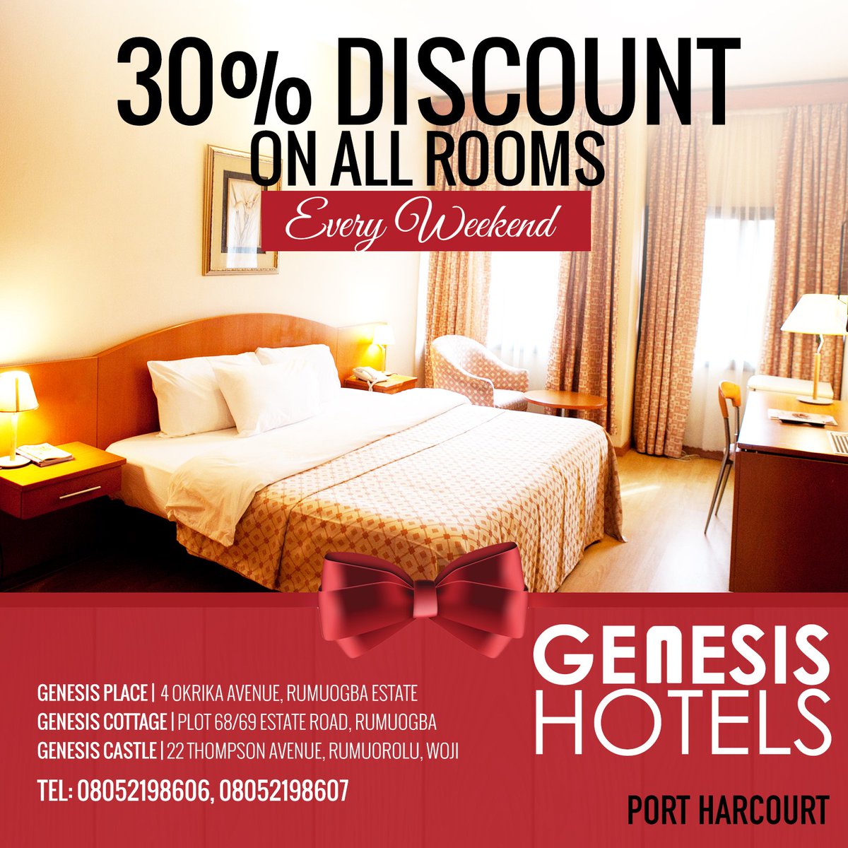 genesisgroupng's tweet photo. Weekend special! Experience comfort & style for less. Get 30% discount on all rooms every weekend. #GenesisHotels https://t.co/LznUTedVik