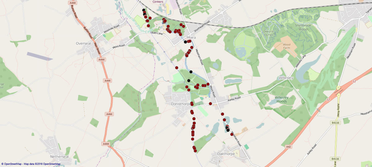 Results from our 1st cycle transect -dark red dot-common pips, light red-soprano pips, black-myotis sp. #bats
