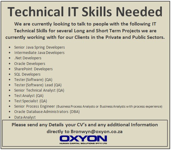 OxyonJobsZAR's tweet image. Oxyon is looking for #ITSkills #javadevs #java contact Bronwyn Jones