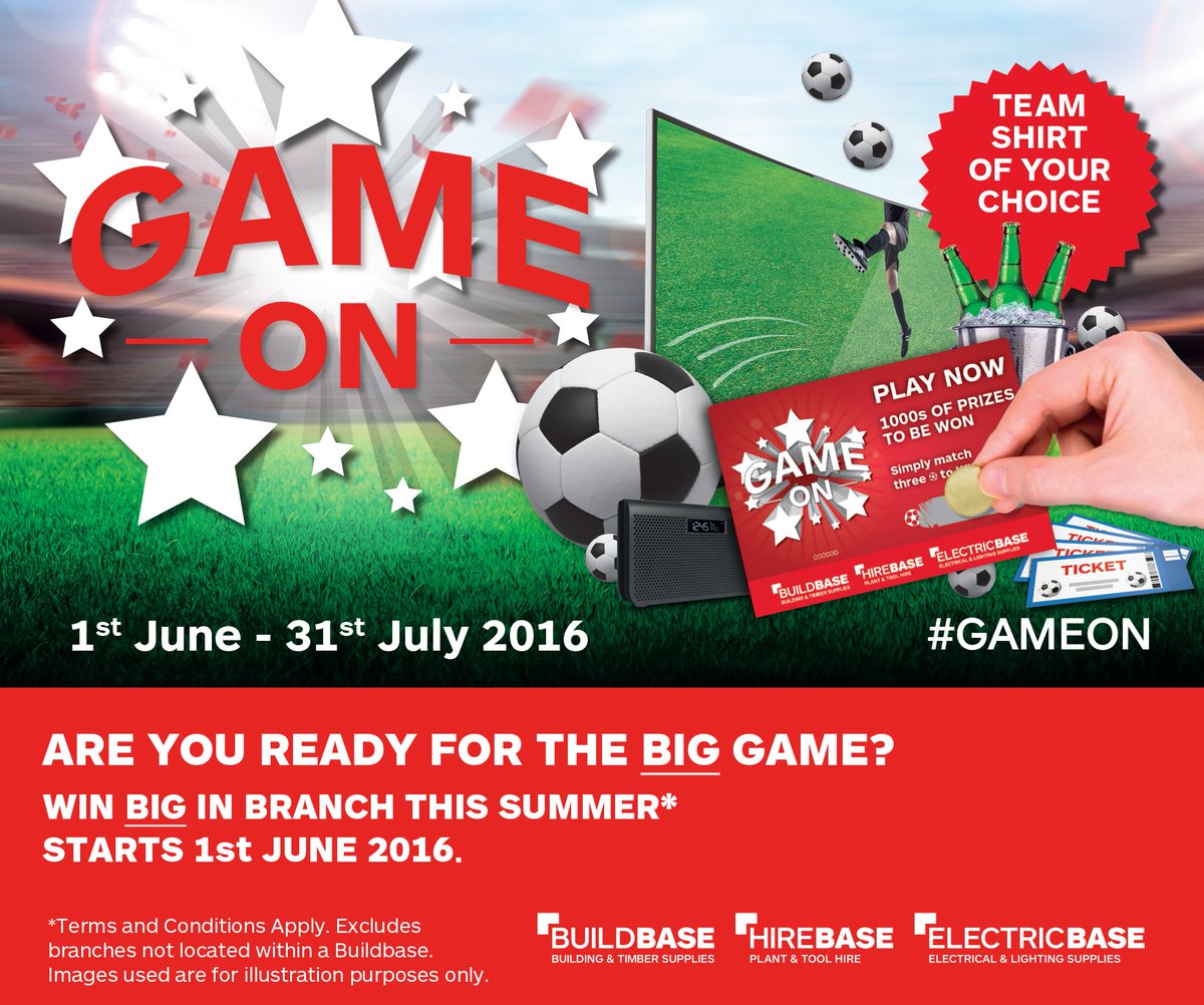 BuildbaseUK's tweet photo. Win Big in our summer promotion at Buildbase from 1st June. Keep your eyes open for more details #gameon https://t.co/zwhclZrJMJ
