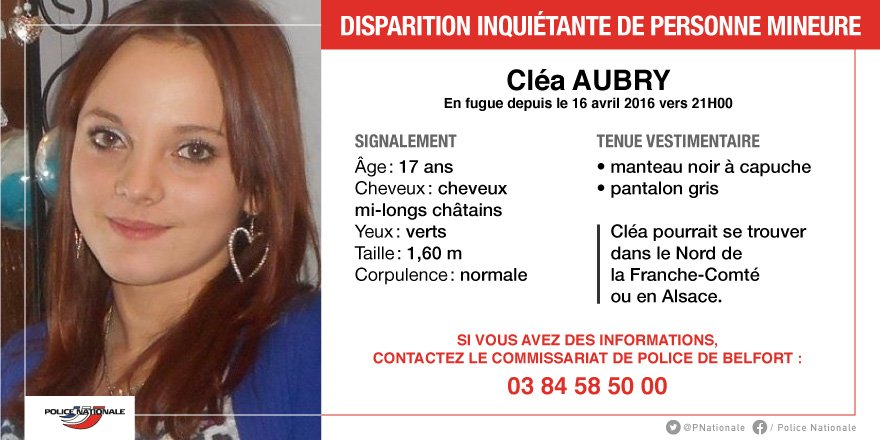 [#AppelàTémoins] Disparition inquiétante de Cléa, 17 ans. 
Merci de RT pour aider le commissariat de #Belfort