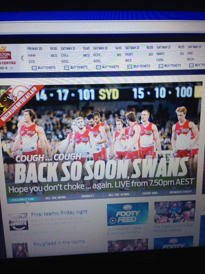 becstarWA72's tweet photo. @sydneyswans @AFL I beg your pardon??? Surely you've been hacked? #afl #AFLHawksSwans #goswa s https://t.co/eDyDQfJuIS