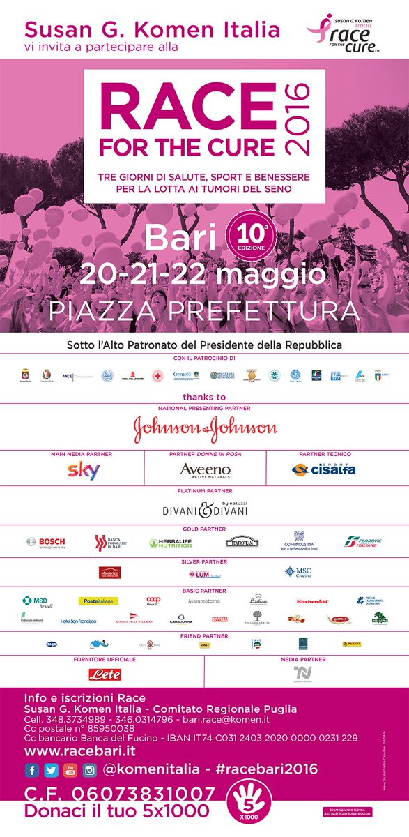 ComunediBari's tweet photo. RACE FOR THE CURE: a Bari, 20, 21, 22 MAGGIO, tre giorni di salute, sport, benessere per la lotta ai tumori al seno https://t.co/ZuT64e3TuS