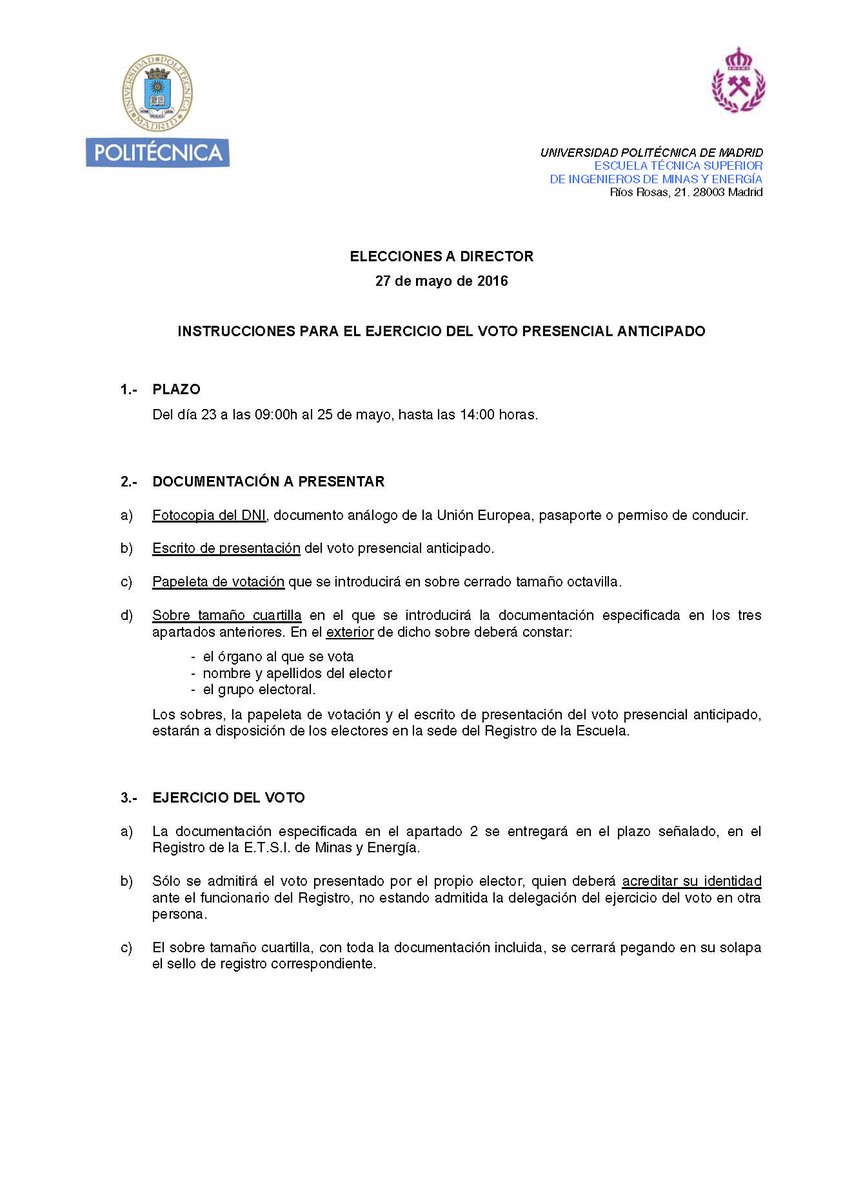 23-25 may. INSTRUCCIONES PARA EL EJERCICIO DEL #VOTO PRESENCIAL ANTICIPADO <a href="/minasenergiaupm/">minasenergiaupm</a> <a href="/La_UPM/">Universidad Politécnica de Madrid</a> #EleccionEtsime