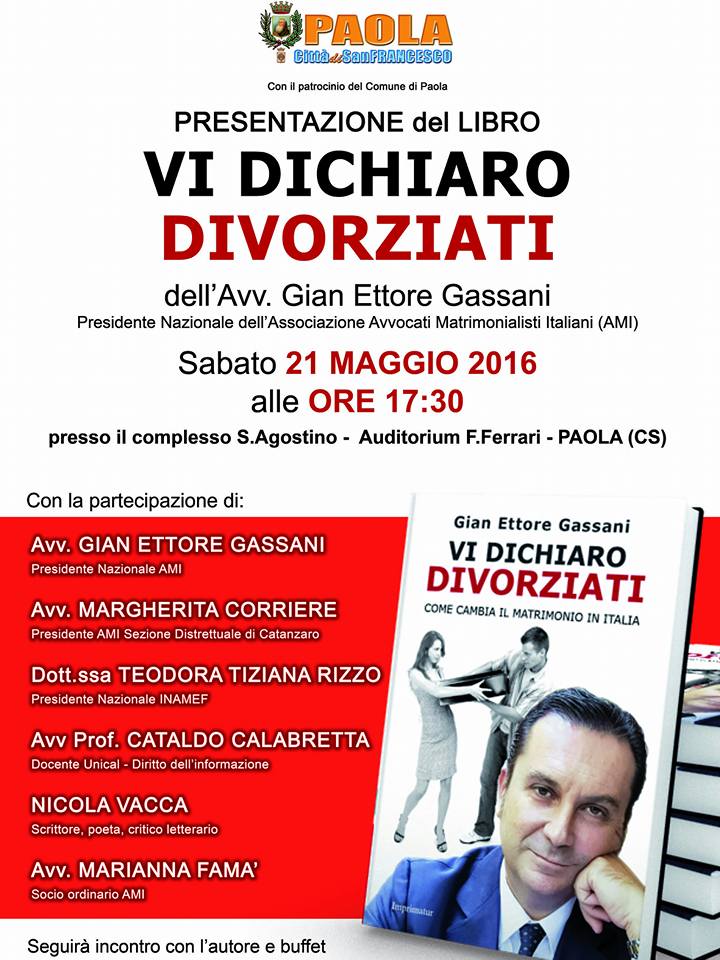 Domani Gassani presenta <a href="/ViDichiaro/">ViDichiaroDivorziati</a> a Paola (CS) imprimatureditore.it/index.php/2016…