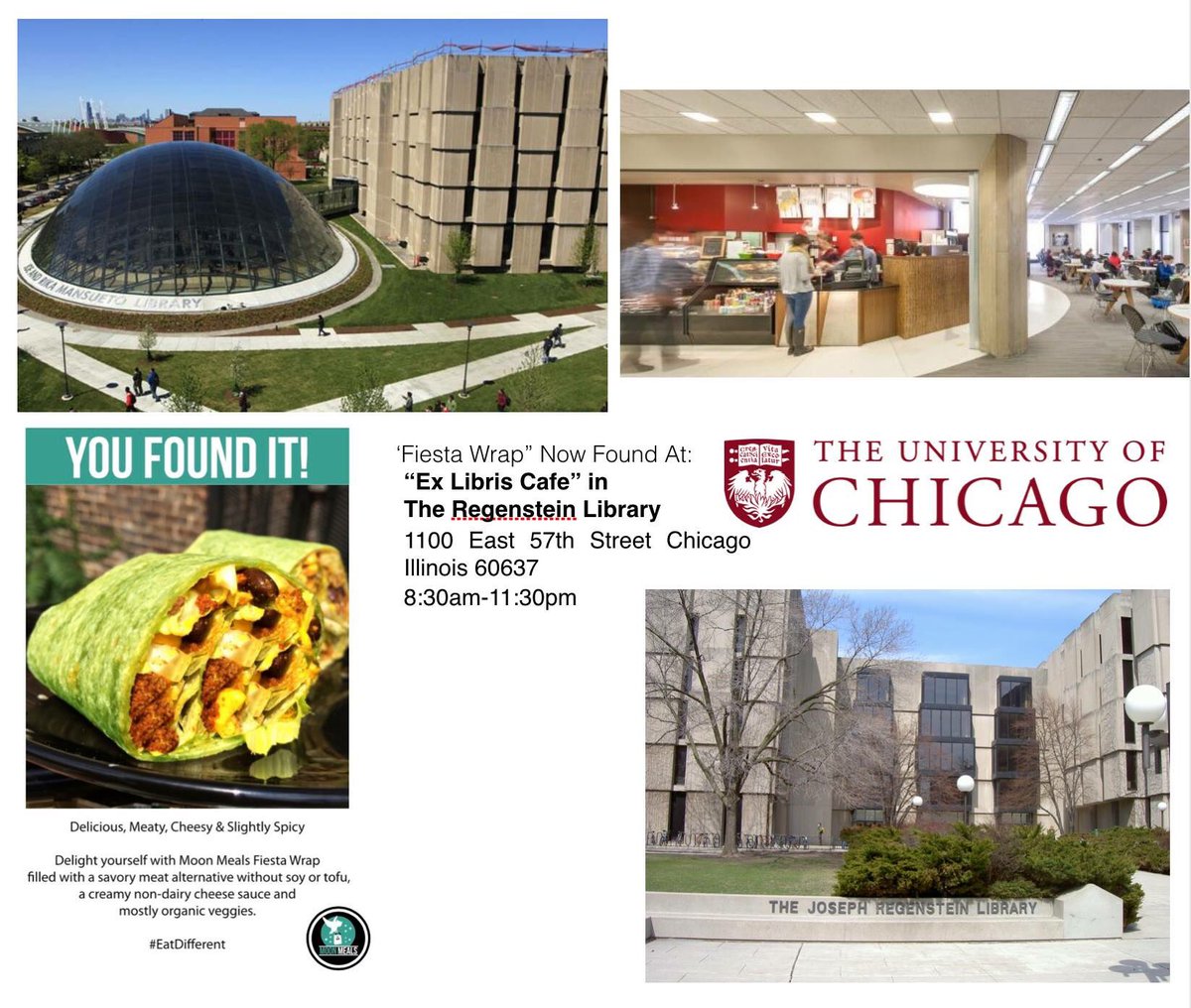 moonmeals's tweet image. @UChicago can now get our #tasty #local #Vegan #FiestaWrap from #ExLibriscafe in Regenstein Library #HydePark