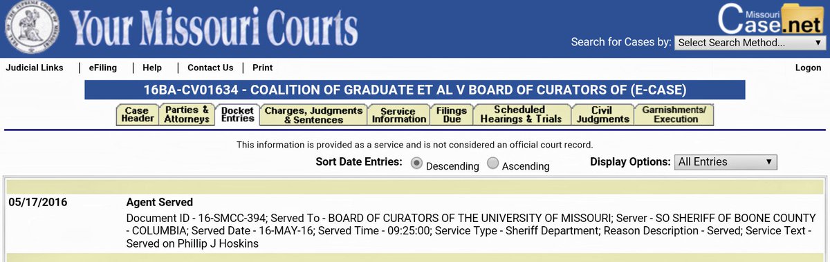 MUGradRights's tweet photo. .@UMCurators were served on Monday, May 16 at 9:25 am. Case # 16BA-CV01634 #UnionizeMizzou

https://t.co/kpl2K0Go4u https://t.co/daNeA4u5NJ