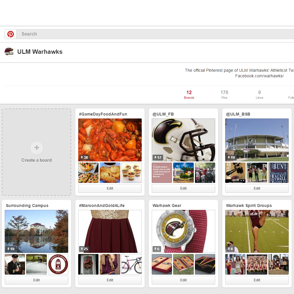 ULMWarhawks's tweet photo. We're now in the #Pinterest game. https://t.co/FQmfjhDXq9 Go check out our suggestions and help us grow our boards! https://t.co/Xmvd6t4NmA