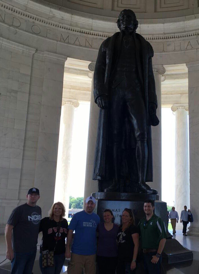 Page teachers pause for a photo op at Jefferson Memorial On their way home now with our eighth graders#wearelamphere