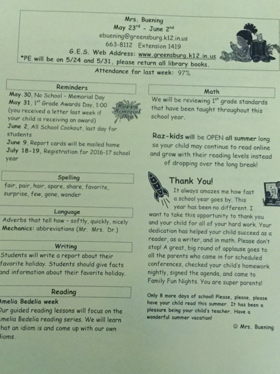 bueninge's tweet photo. Last newsletter for the year. 😥😀☀️ Thank you for checking the newsletter every Friday! #ges_MrsB https://t.co/xC1IGAfmGe