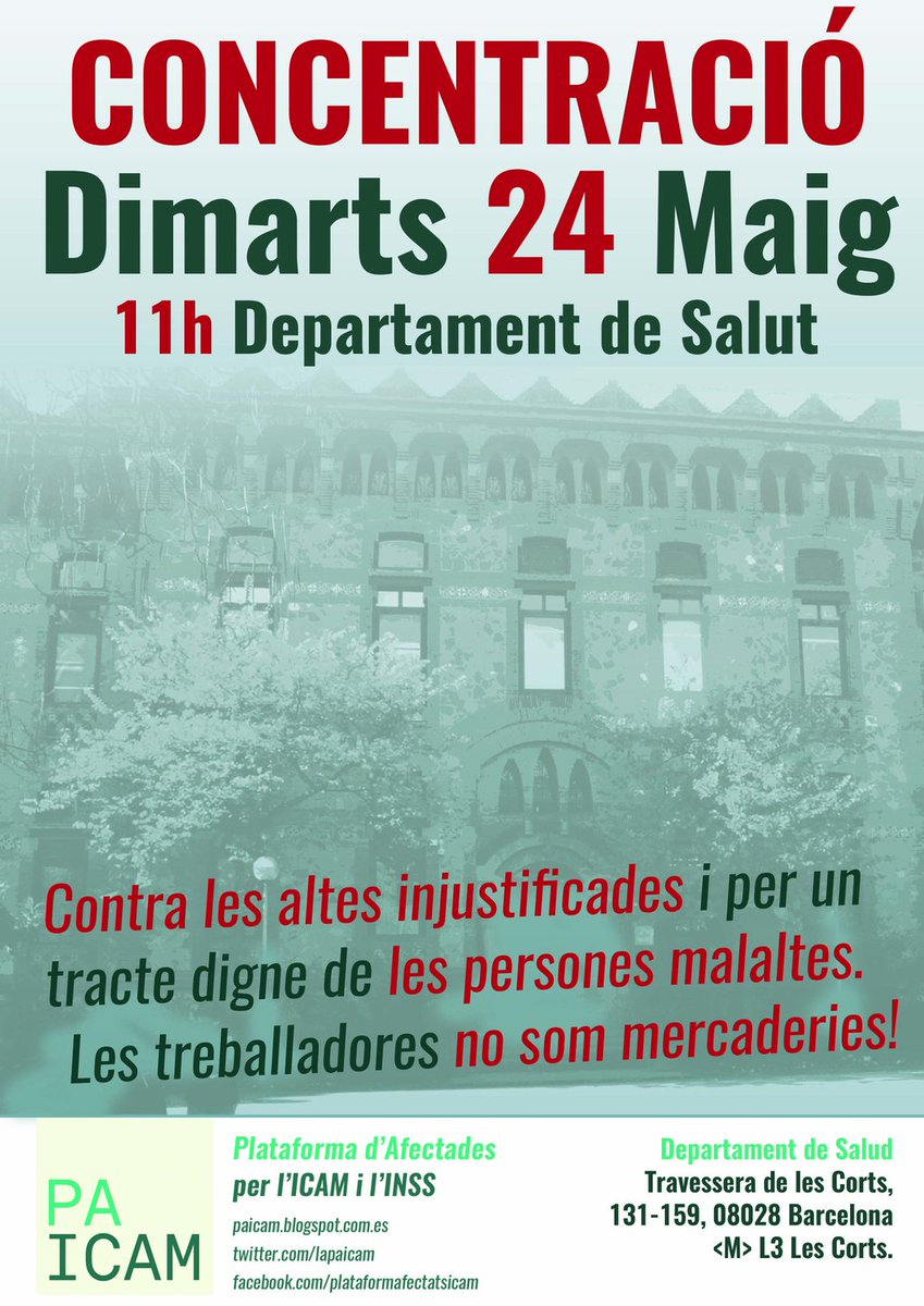 CGTCatalunya's tweet photo. Dimarts 24 nova concentració de @LaPAICAM a 11h al Dep. de Salut.
Prou altes injustes!
#pressingICAM
#pressingCOMIN https://t.co/2hh5JjaLw7