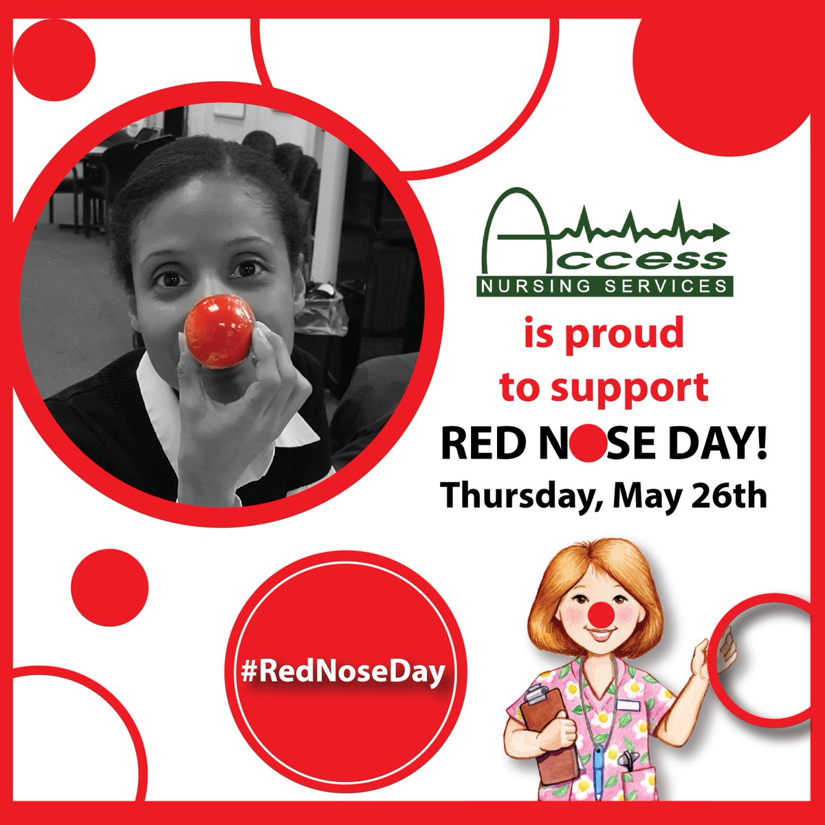 accessnursingny's tweet photo. ACCESS Nursing Services is proud to support the #REDNOSEDAY movement! #RedNose #MakeMeLaugh @nbc https://t.co/S57rmZ9lMk