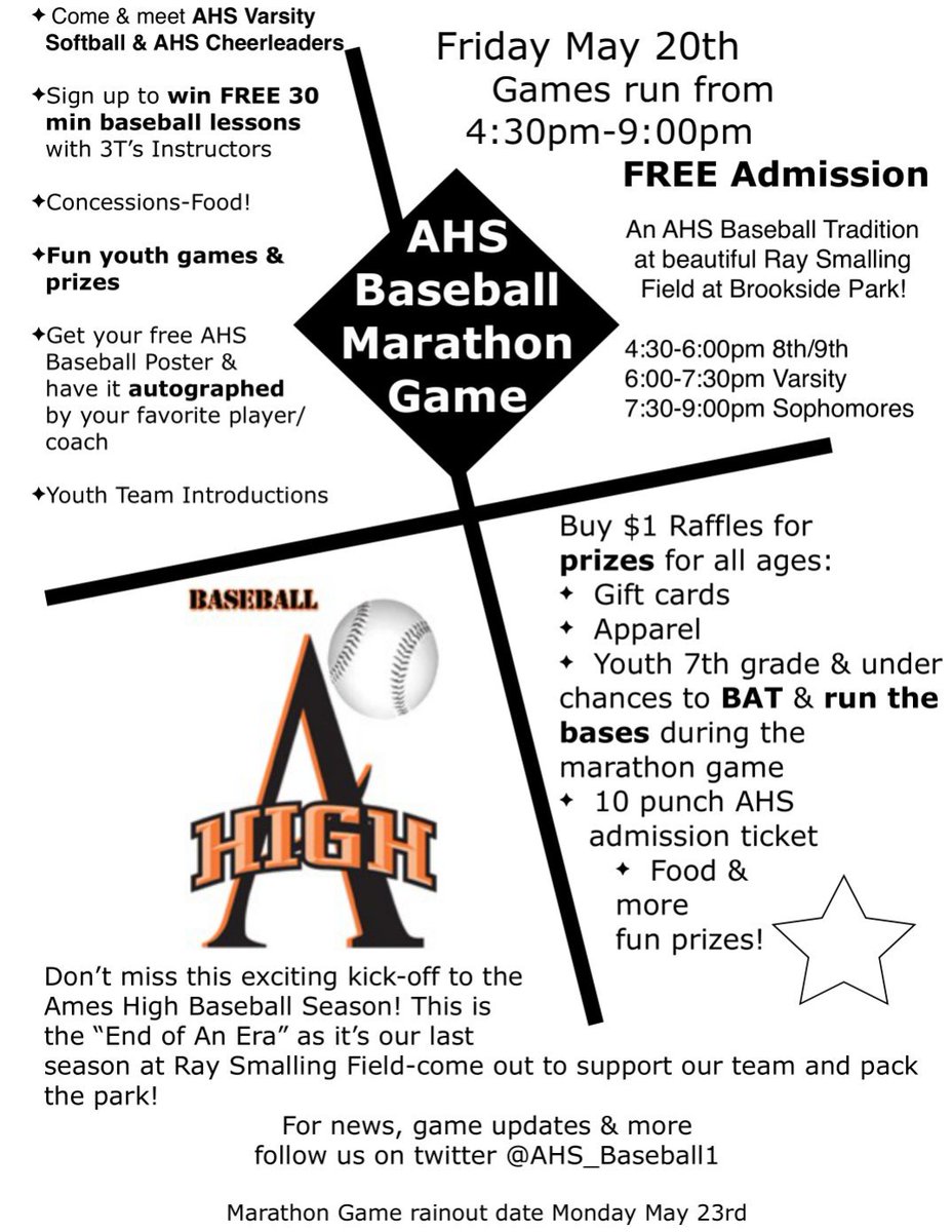 crschmit's tweet photo. @AHS_Baseball1 Annual Marathon Game tonight 4:30-9pm @Brookside! Come out 2 support. Family fun &amp;prizes! #EndOfAnEra https://t.co/on12fE8PFH