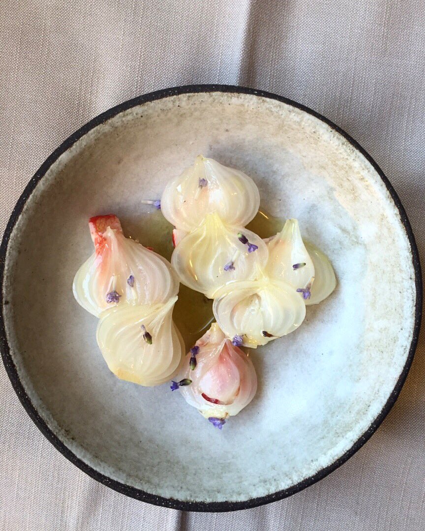 From the menu: Slices of lobster and sweet onion cooked with lavender