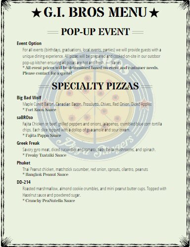 GIbrospizza's tweet photo. Sample menu! Hire us for your next event and we'll custom build one together! #Startup #Pizza #Brothers #Veterans https://t.co/rN2aNOza7v