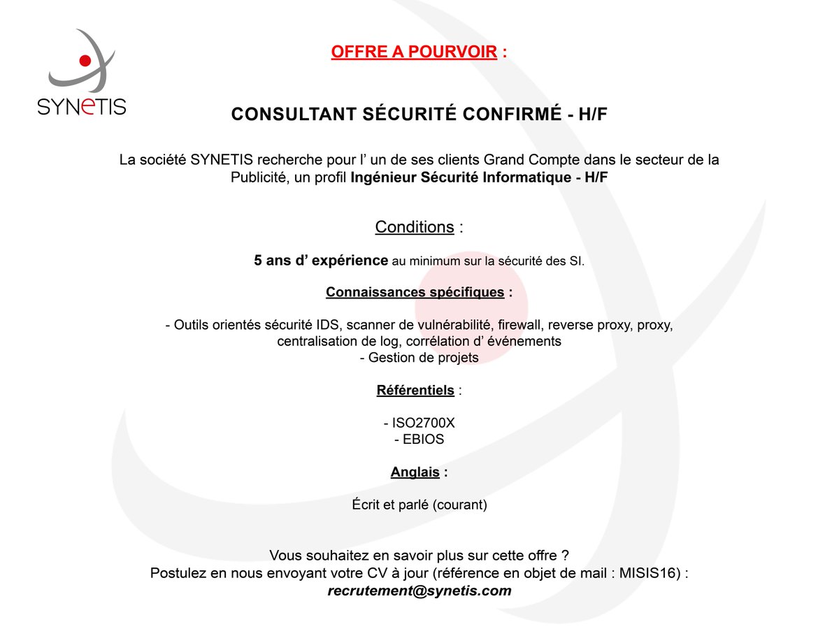SYNETIS's tweet photo. Opportunité d'envergure à pourvoir !
#jobseeker #ingenieur #securite #asapatwork https://t.co/bDDEISqE4Q