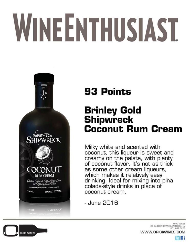 brinleygold's tweet photo. 93 POINT Rating for our #Shipwreck Coconut Rum Cream! Thx @WineEnthusiast . Maybe a #TopSpirit of 2016?! @OpiciWines https://t.co/KEj4EvjDGy