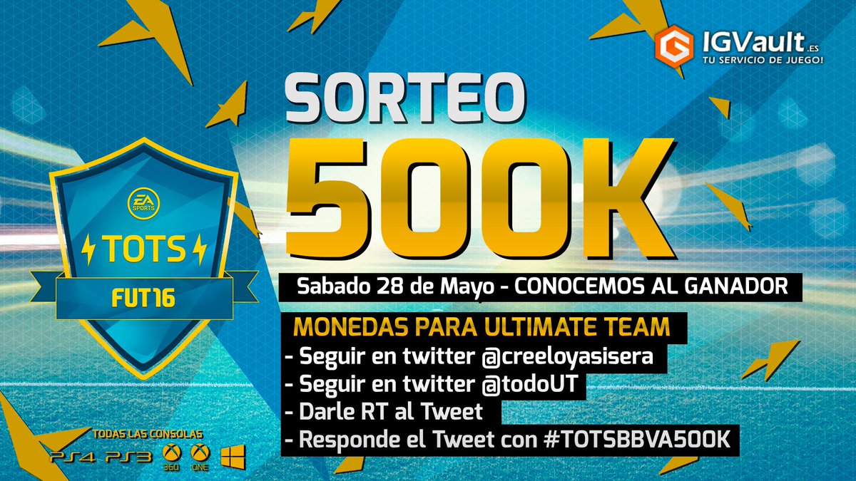 todoUT's tweet photo. 🔥 SORTEO 500K! 🔥
🔃 RT y Seguir @creeloyasisera &amp; @todoUT
Tuitea #TOTSBBVA500K 🍟 🍟
TODAS LAS CONSOLAS! 🎮 https://t.co/Rd8ayFM18e