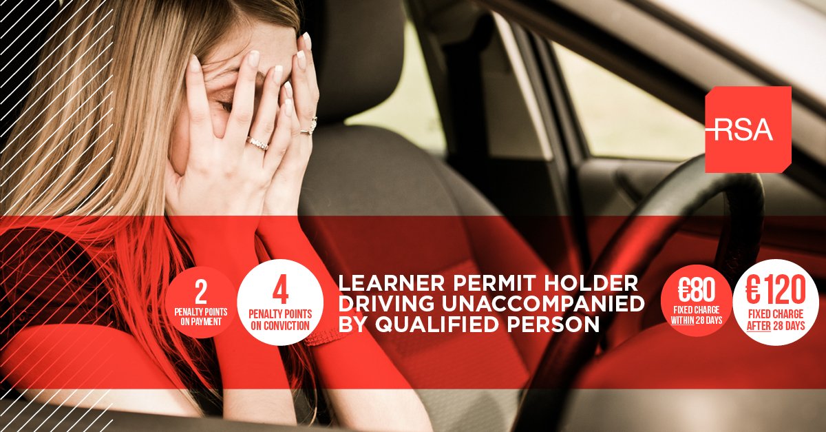 RSAIreland's tweet photo. Learner Drivers! If you drive without a fully licenced driver, you could receive penalty points &amp; a hefty fine. https://t.co/nktSPw4Xyq