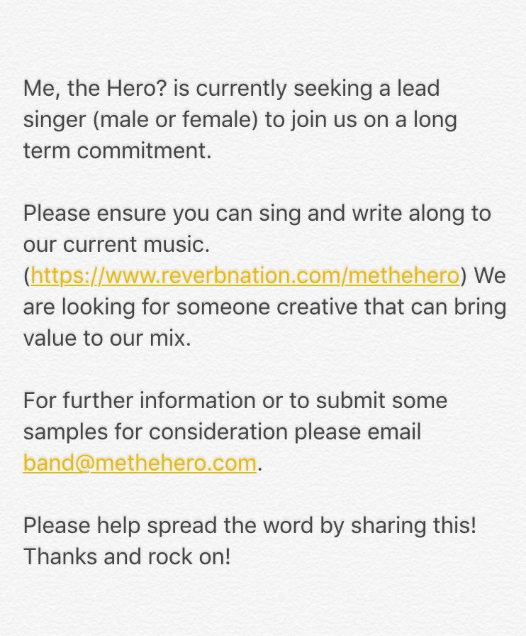 Band seeking singer for long term commitment. Please RT to share! #music #HoustonMusic #Houston #MTH #CodeNameHero