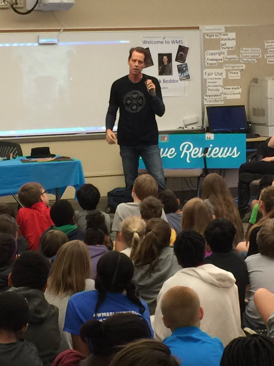 kreiber's tweet photo. Thanks @frankbeddor -AWESOME author visit w/our 5th graders! "And what is the use of a book.... @tiffany_brennan https://t.co/dQyJVhIiLU