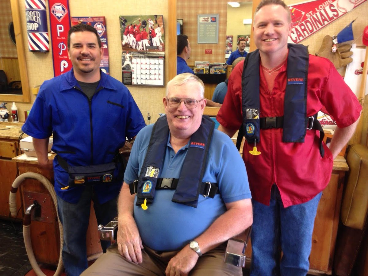 SafeBoatCouncil's tweet photo. NSBC Deputy Director, Fred Messmann, wears a life jacket at his local barber shop #wearit #RSWI2016 @ReadySetWearIt https://t.co/ORizR4oF6j