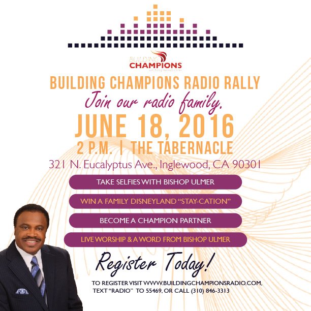 BishopUlmer's tweet photo. Join me June 18th in the Tabernacle for our Building Champions Radio Rally! https://t.co/FVdYh7KOmH