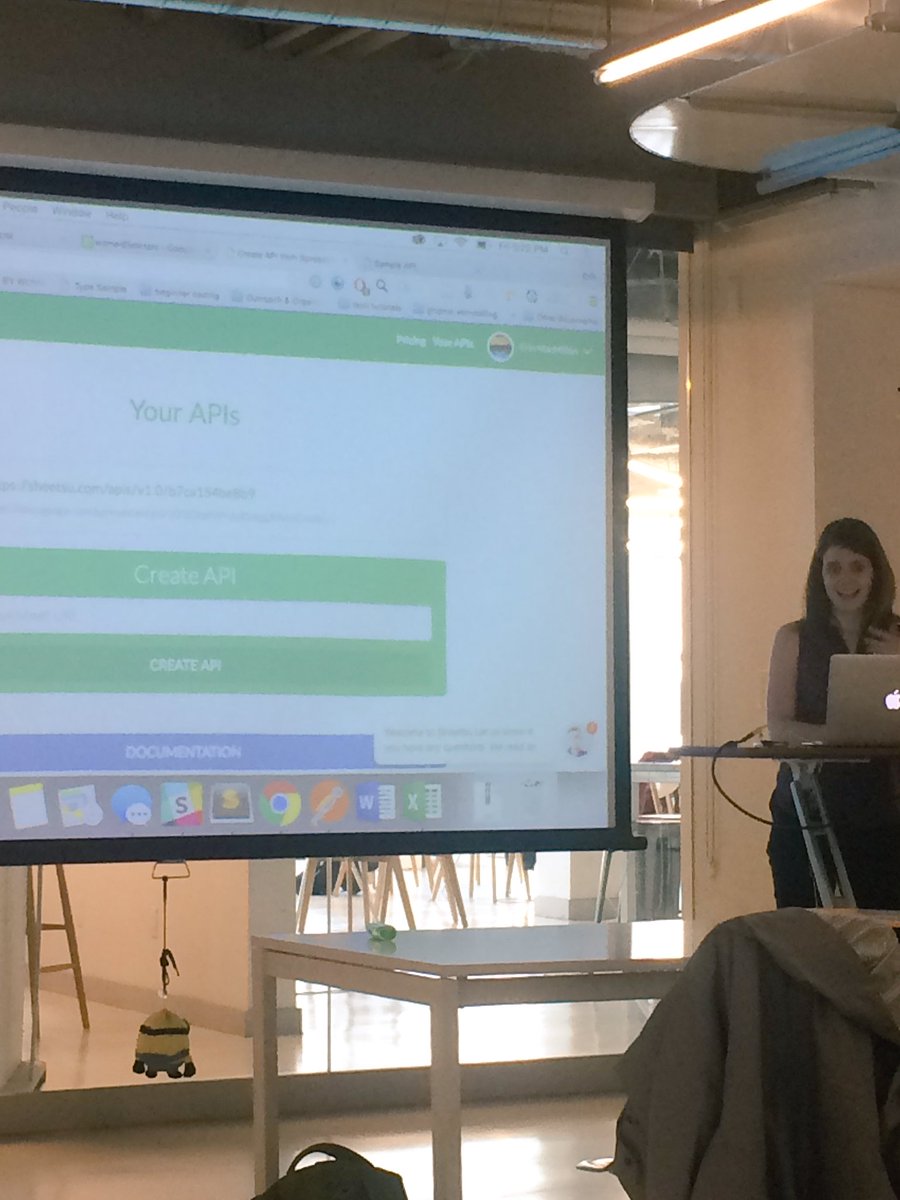 junocollege's tweet image. Second #hyshowandtell is @hey_macmillan showing off the very neat Sheetsu to help create your own API! #APIweek