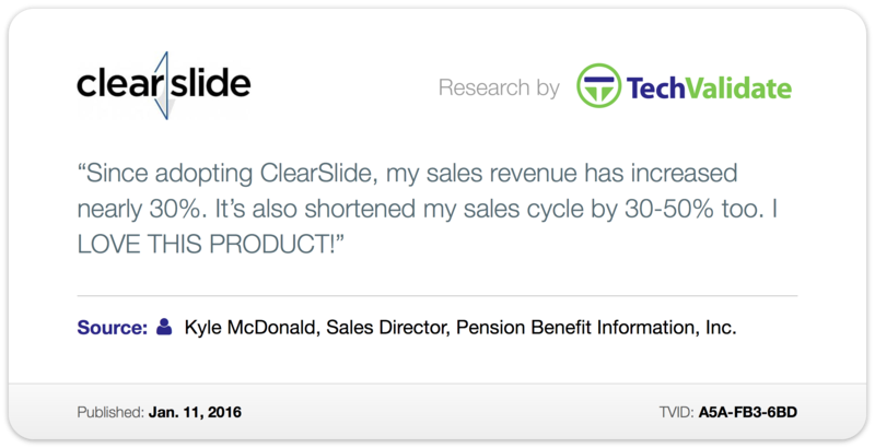 TechValidate's tweet photo. MT @ClearSlide: helped increase #sales revenue by 30%! https://t.co/MbVRrFOGcf #SalesFactFriday https://t.co/ITfbVwGyFl
