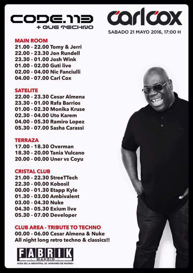 crewmusicmd's tweet photo. Timing #Code113 + QUE TECHNO en @fabrikdiscoteca con @Carl_Cox de invitado especial. https://t.co/7FPIMyWdmN
