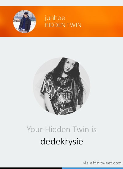 kjnhxe's tweet photo. [Hidden Twin] Your Hidden Twin is @dedekrysie! Who is yours?
via https://t.co/YFdGDdmuo2 https://t.co/7Cj4NZXCQX