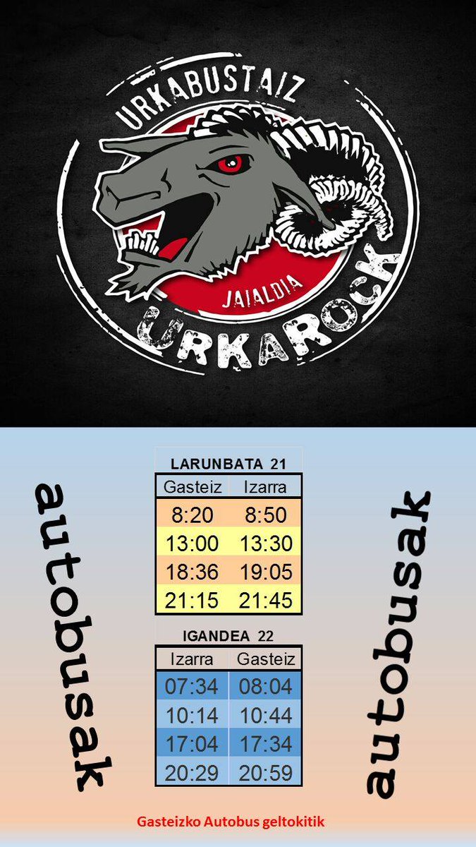 URKAROCK eta URKAZOKA 2016
autobuseko ordutegiak
horario de autobuses
<a href="/Astalapo/">Astalapo</a> <a href="/halabedi/">Hala Bedi</a> <a href="/Bestebat_14/">Beste bat_Halabedi</a> @eskeankristo