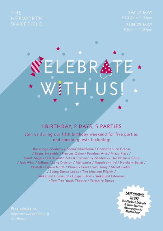HepworthGallery's tweet photo. It's here! 1 birthday, 2 days, 5 parties! Join in with our 5th birthday celebrations all weekend... #THWBirthday https://t.co/qUSFLLKtju