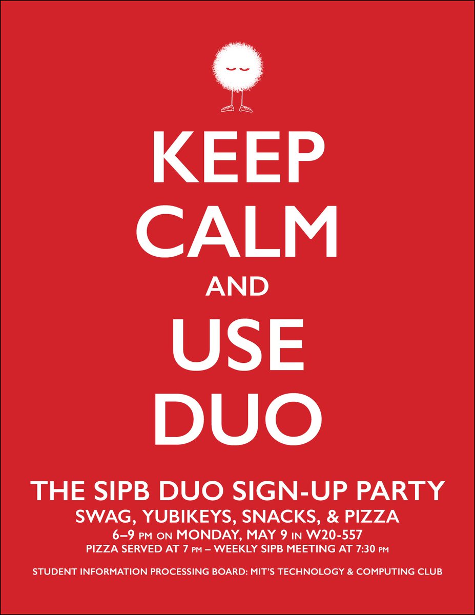 MIT_ISTnews's tweet photo. .@SIPB is hosting a  @duosec #2FA sign-up party TONIGHT for @MITstudents. Mmmm, #pizza: https://t.co/gxkYlnt4Wg https://t.co/6R2LtFJud8