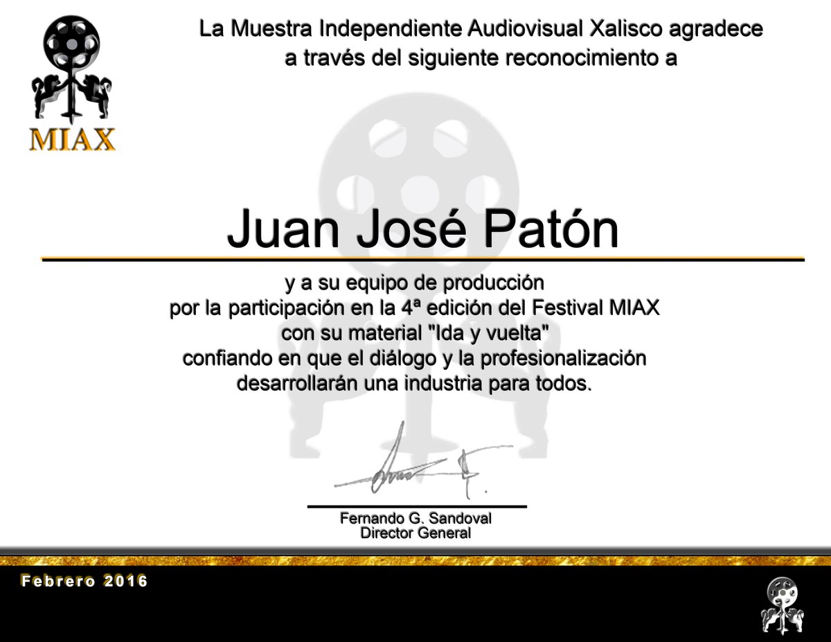 ProduccionesMEM's tweet photo. Desde la organización de MIAX nos llega este diploma por participar en su muestra con nuestro largo "Ida y vuelta" https://t.co/N0tx1k6lV1