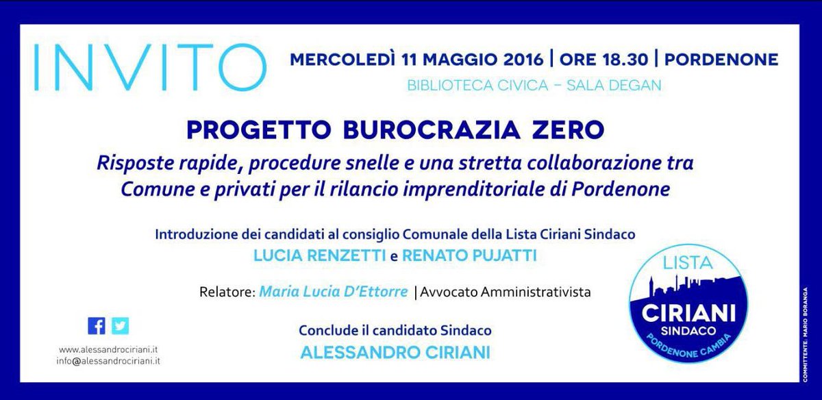 #PordenonePuò rilanciare imprese e azzerare #burocrazia, impegno della #ListaCirianiSindaco bit.ly/1T6L3HF