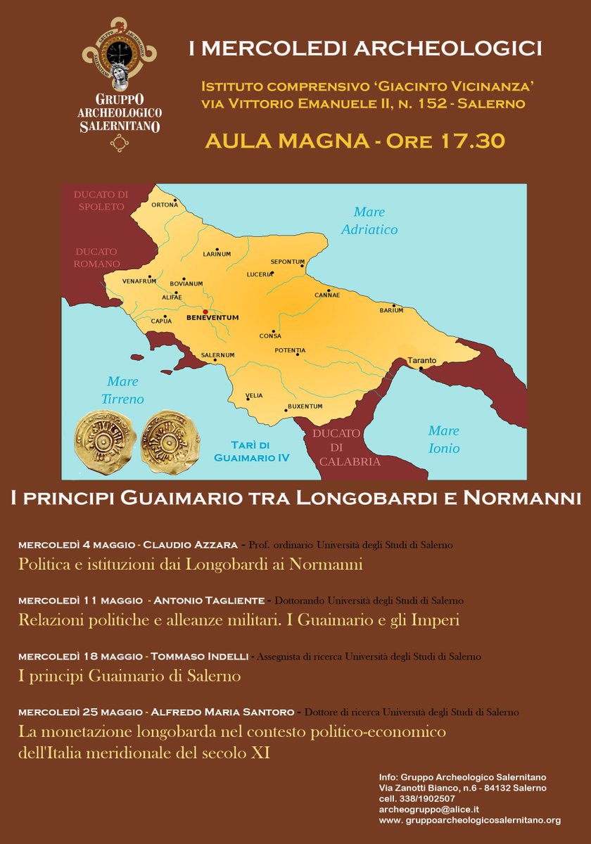 PastoreFelice's tweet photo. Mercoledì 11 maggio 2016 - 17.30
 A. Tagliente 
Relazioni politiche e alleanze militari. I Guaimario e gli Imperi https://t.co/JmV36mJYDz