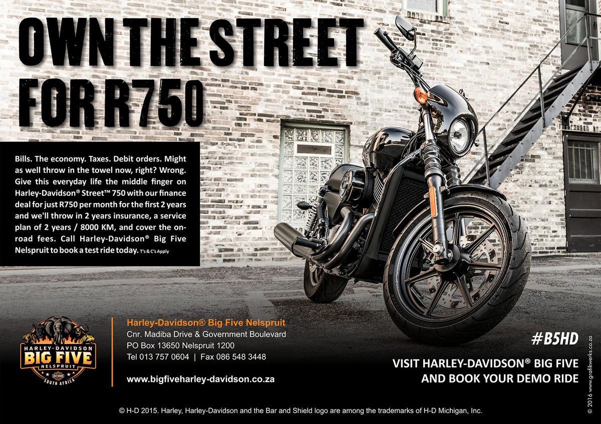 Big5HD's tweet photo. NEW 2016 HARLEY-DAVIDSON STREET® 750 for only R750 PM (T's &amp; C's Apply)
https://t.co/Z6kbX4wwSJ https://t.co/zbnVAVoP4j