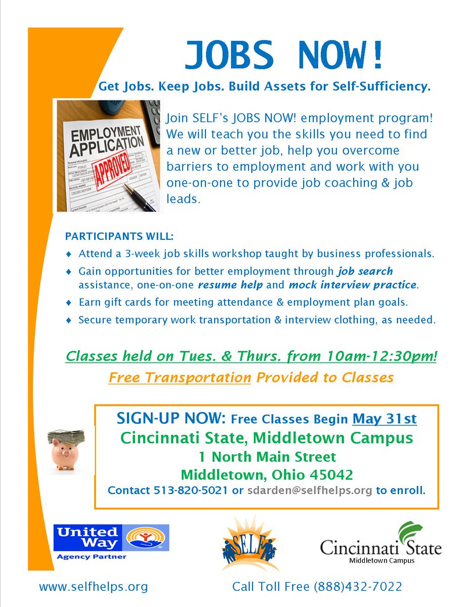 SELF_helps's tweet photo. May 31st JOBS NOW! classes begin at Cincinnati State in Middletown! Contact SELF today! #selfhelps #newfuture https://t.co/JhhCt8z6bN