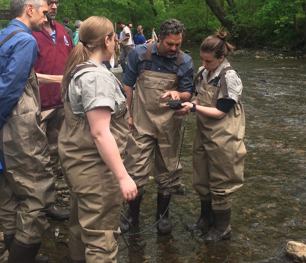 AcadNatSci's tweet photo. Out in the Tookany Creek talking water quality with @MarkRuffalo. https://t.co/CzENodujEA