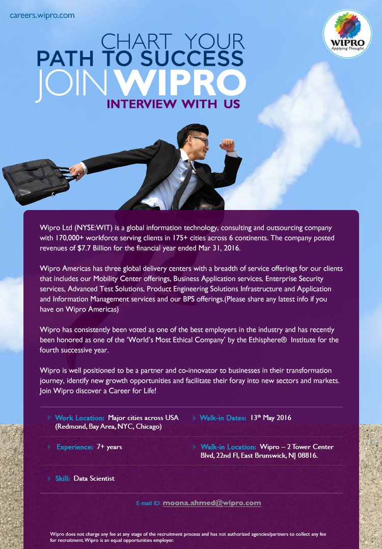 Mega Walk-in @ Wipro for Data Scientist professionals on 13th May. Drop in your resumes to - moona.ahmed@wipro.com