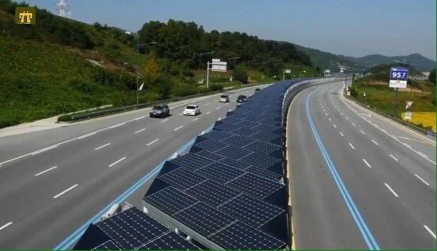 Highway in South Korea with an installation of solar panels along 200 km