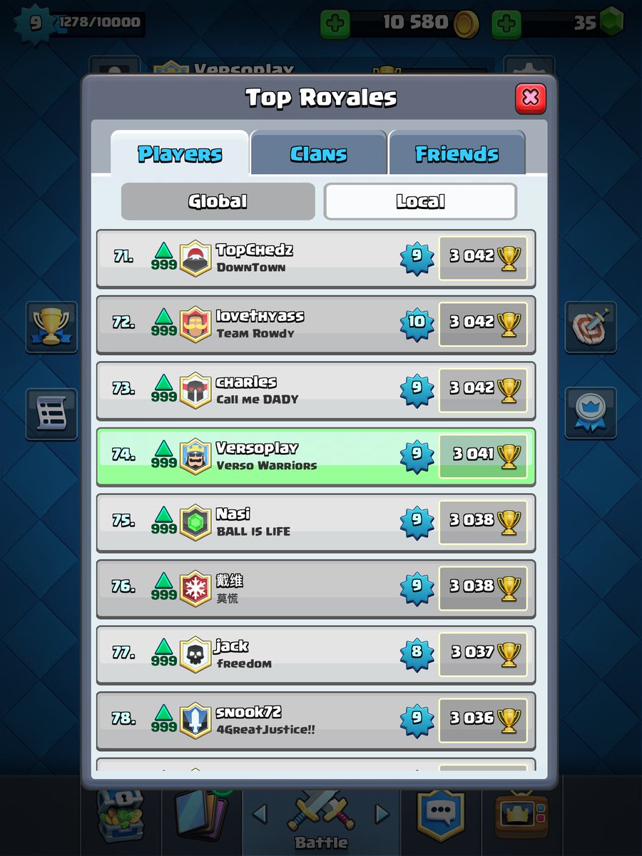 versoplay's tweet photo. Top 100 local for a few mins yesterday haha @ClashRoyale #GamersUnite #ClashRoyale https://t.co/6VrB4QMKth